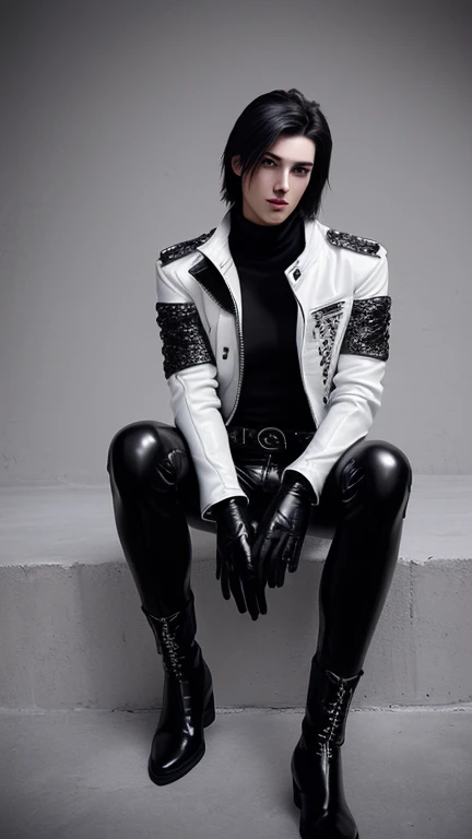 Final Fantasy-style graphics, young, Cute and cool Japanese boys, Thin eyebrows and big eyes,  He is wearing a shiny white single-breasted leather jacket...。Biker style leather jacket、 with epaulettes,  The jacket is zipped up, The jacket pockets are black., The jacket has a high stand-up collar with a belt, Also wearing a black turtleneck, black leather pants, Thin black leather gloves on both hands, Black leather knee-high lace-up boots, Show me your whole body from head to toe, Final Fantasy Style、((good looking))、((Clear eyes and nose))、((Shiny white single leather jacket))、((The jacket must be white))、((The jacket has epaulettes))、((The jacket has a high stand-up collar and a belt))、((The jacket has a black pocket))、((Black turtleneck shirt))、((光沢のあるblack leather pants))、((Shiny black leather gloves on both hands))、((Black lace-up leather long boots))、((View the whole body image from a distance))、Realistic image quality and texture、In a small cell、close your eyes、A kind smile、((The jacket is closed with a zipper))、((No exposed skin below the neck))、((round face))