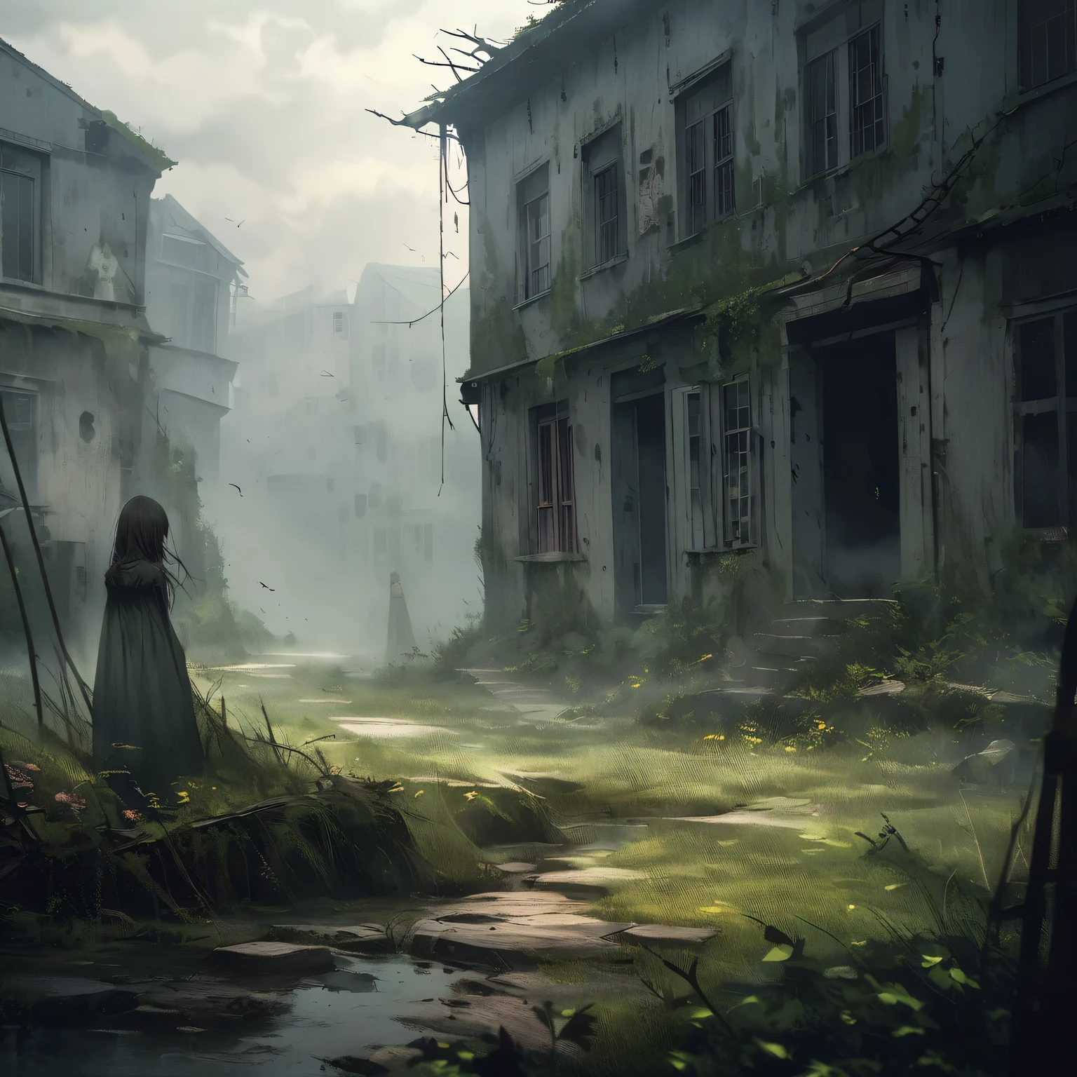 nostalgic,haunting village girl,hazy atmosphere,abandoned buildings,dilapidated houses,dense fog,dark and mysterious,withered trees,decaying walls,eerie silence,gloomy lighting,loneliness,lost innocence,mystical presence,overgrown vegetation,faded memories,distant whispers,dreamlike,enchanted,spiritual,ethereal,distant past,weathered textures,crumbling ruins,ghostly figures,secretive,haunting melodies,ruined beauty,desolate landscape,sense of melancholy,unearthly charm