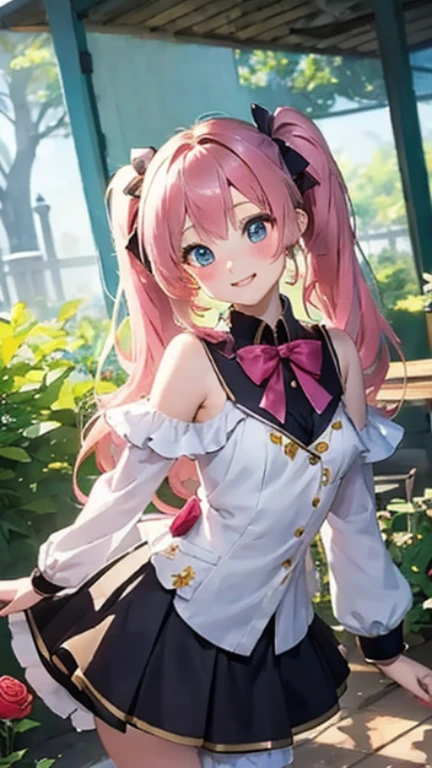 Anime girl with pink hair and a ribbon in her hair, Cute realistic portrait, Gweitz, Magical Girl Portrait, Cute Characters, Cute art style, Anime Moe Art Style, MapleStory character art, cute portrait, Cute Anime Girl Portrait, Small person portrait, artwork in the style of Gweitz, Splash Art Anime ,leotard.long hair、Twin tails、Rose print skirt、A kind smile、waiting for a kiss、Tied up