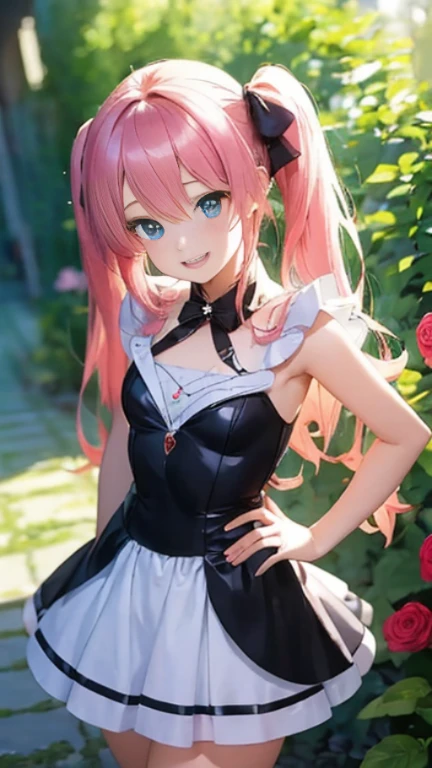 Anime girl with pink hair and a ribbon in her hair, Cute realistic portrait, Gweitz, Magical Girl Portrait, Cute Characters, Cute art style, Anime Moe Art Style, MapleStory character art, cute portrait, Cute Anime Girl Portrait, Small person portrait, artwork in the style of Gweitz, Splash Art Anime ,leotard.long hair、Twin tails、Rose print skirt、A kind smile、waiting for a kiss、Tied up