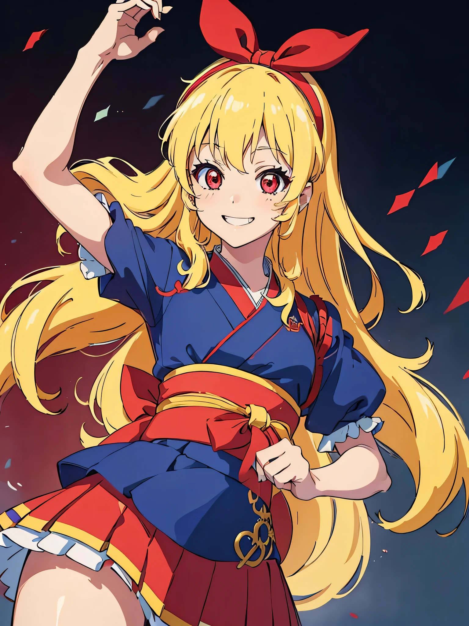 (red ribbon on hairband:1.2),(8K, best quality, muste piece:1.2)、ultra high resolution,1 very cute girl,hosimiya ichigo,ultra-detailed face, detailed eyes,RED eyes,smile, grin, happy,,masterpiece, best quality, extremely detailed, 1 girl,Blue Super kimono idol, Blue Super kimono idol costume, live stage, confetti1 girl,