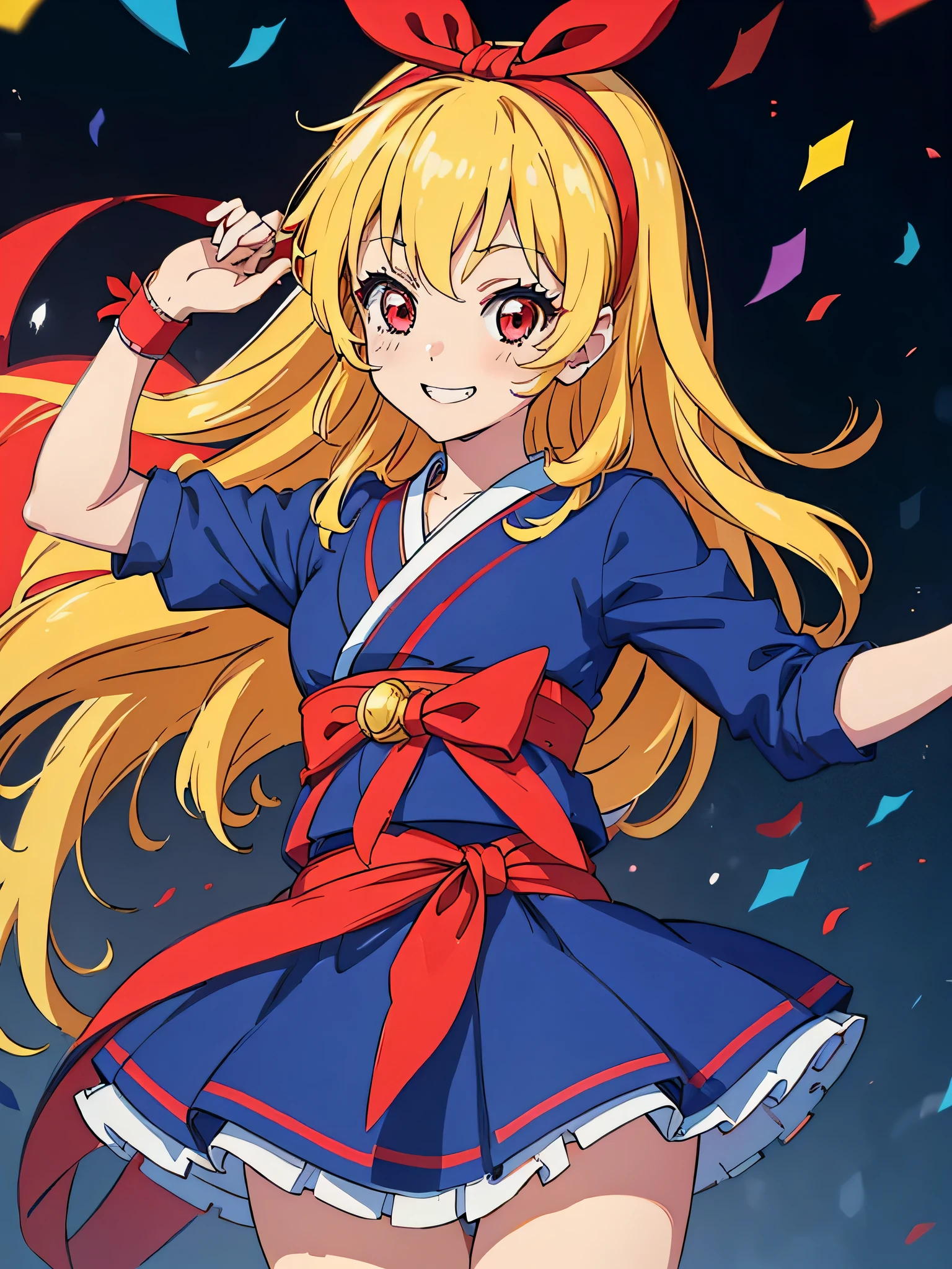 (red ribbon on hairband:1.2),(8K, best quality, muste piece:1.2)、ultra high resolution,1 very cute girl,hosimiya ichigo,ultra-detailed face, detailed eyes,RED eyes,smile, grin, happy,,masterpiece, best quality, extremely detailed, 1 girl,Blue Super kimono idol, Blue Super kimono idol costume, live stage, confetti1 girl,