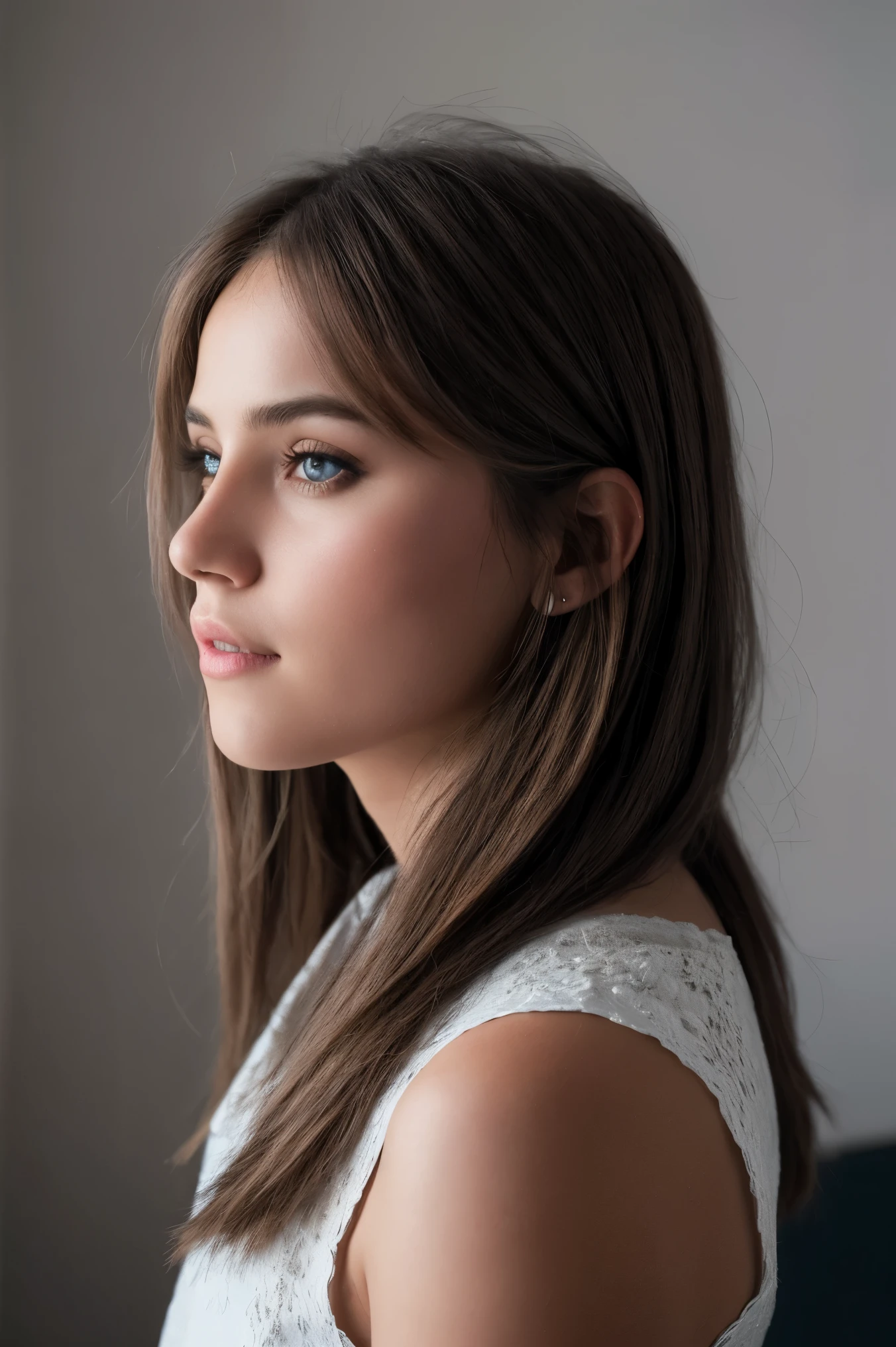 una foto realista de una mujer basada en emilie nereng, pelo largo, mirando al espectador, fondo de ojo azul, By the chestnut, Fondo blanco, boca cerrada, retrato, realista, Soft lighting, professional photography, Photorealista, detallado, dentro de un fondo oscuro de Studio Room, fondo borroso, crudo, analogous thing, Sharp focus, 8k, High Definition, DSLR, alta calidad, Fujifilm XT3, film grain, premiado, Obra maestra