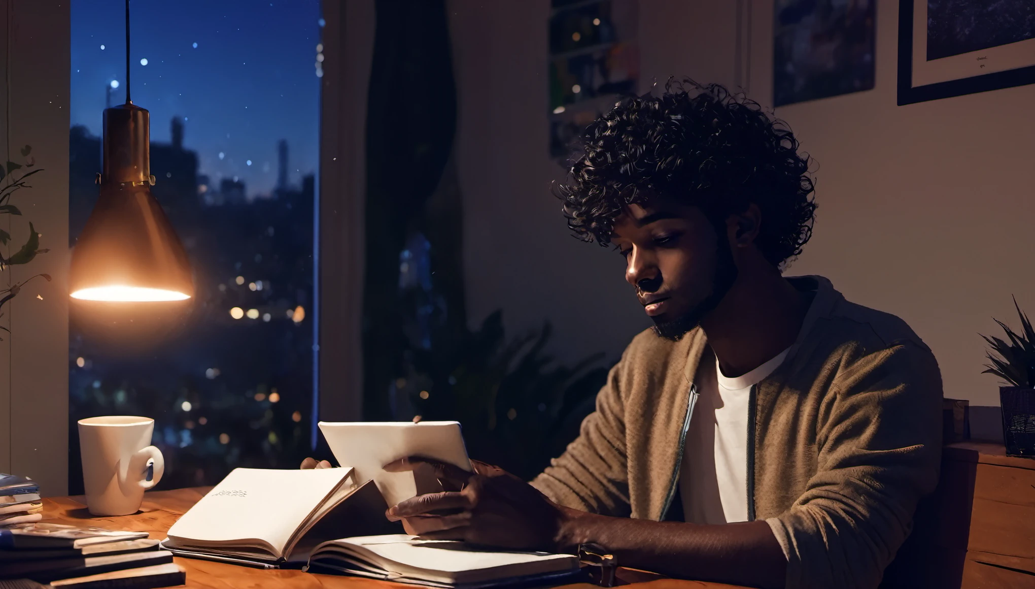 Lofi, Man, Dark skin, Black curly hair, Comfy, Notebook, Coffe, Night, Relax, Room, HD, High Resolution, Masterpiece, 4K