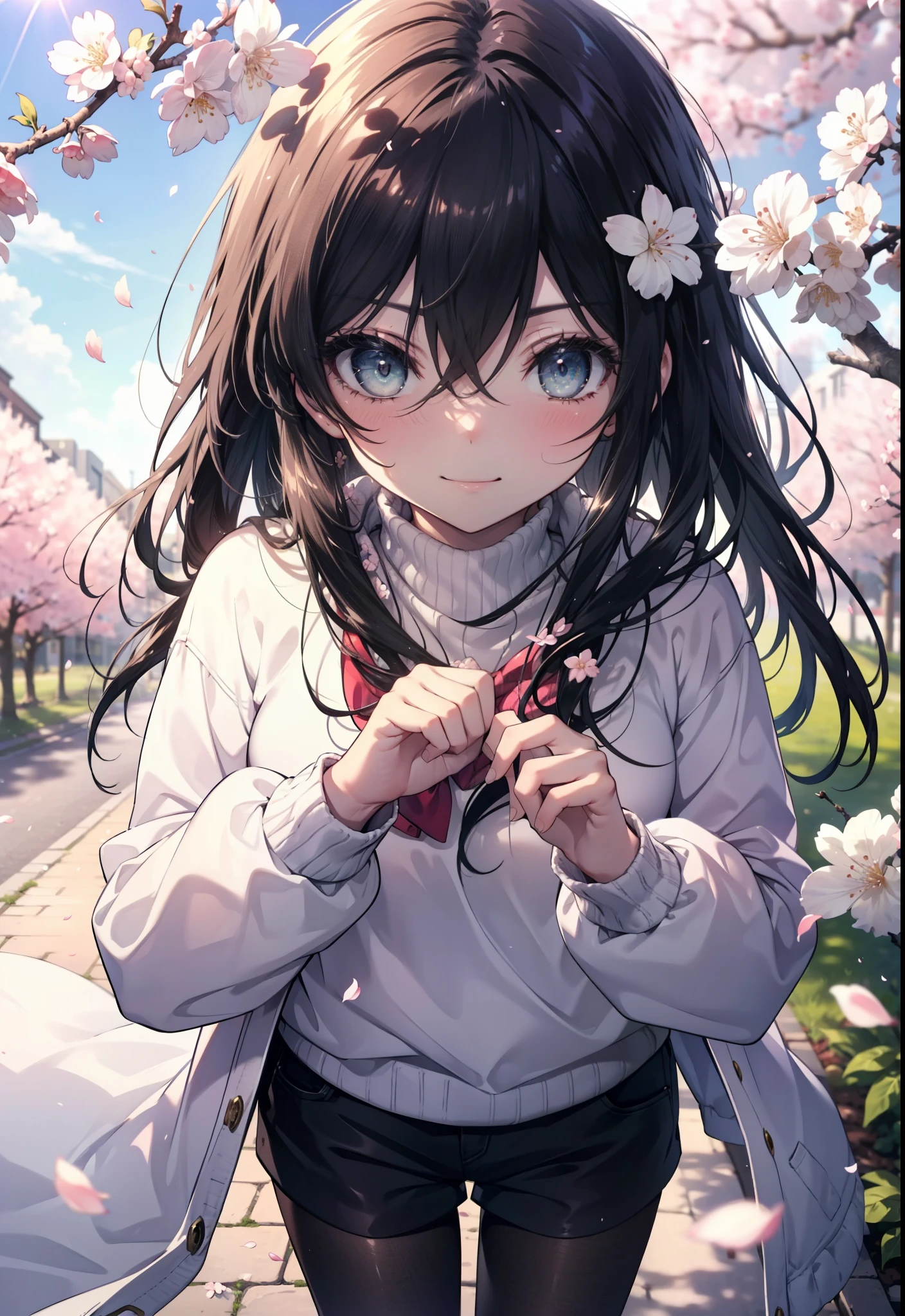 Shana,灼眼のShana,Long Hair,Black Hair, Black eyes Small breasts,smile,blush,White Sweater,Shorts,Black pantyhose,Mini Boots,Cherry blossom tree-lined path,Cherry blossoms are blooming,Cherry blossoms are scattered,morning,morning陽,The sun is rising,Looking down from above,
break looking at viewer, (Cowboy Shot:1. 5)
break outdoors, garden,
break (masterpiece:1.2), highest quality, High resolution, unity 8k wallpaper, (figure:0.8), (Detailed and beautiful eyes:1.6), Highly detailed face, Perfect lighting, Extremely detailed CG, (Perfect hands, Perfect Anatomy),