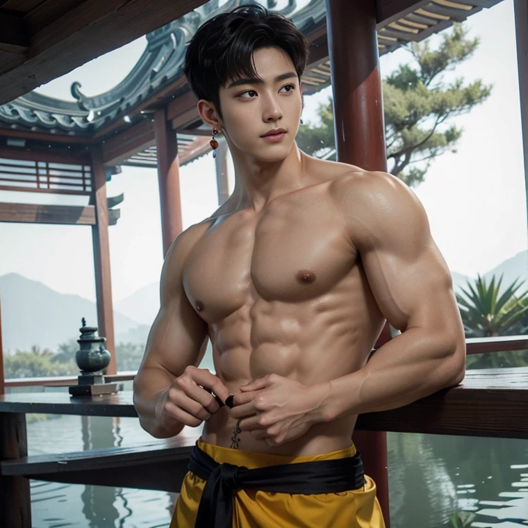 2 Handsome chinese guy kissing, smilling at each other, bare chest , show the abs, 20 years old,hug, cuddle, touching lips, skin ship, romantic, Asian, chinese hansome actor, kpop idol, handsome male model,manly, master work, best picture quality, higher quality, high detail, super high resolution, 8k resolution, perfect clear light,perfect eyes, perfect skin, manly jawline, manly chin, perfect hands, big chest muscles, bare chest, big juicy butts, tattoos chest, tattoo hands, tattoo legs, tattoo back, tattoo arms,earings, ancient pendents, braceles, glowing eyes, short hair, hair details, detailed background , open Hanfu transparent (see throught), skinny short,super thin loincloth, detailed perfect abs, Chinese garden background, Chinese kung fu,skinny dragon-themed costumes, spinning floating particles, chinese temple in background,
