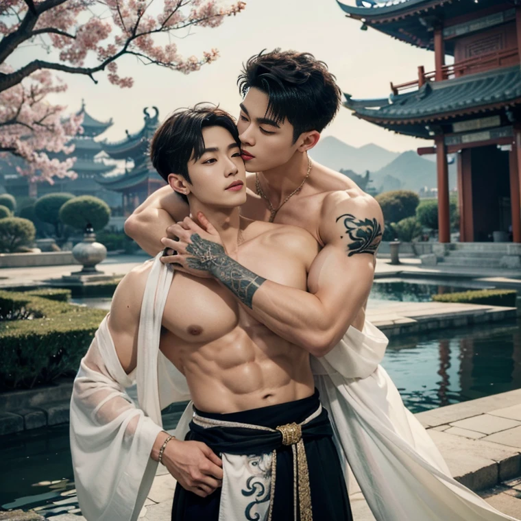 2 Handsome chinese guy kissing, smilling at each other, bare chest , show the abs, 20 years old,hug, cuddle, touching lips, skin ship, romantic,  Asian, chinese hansome actor, kpop idol, handsome male model,manly, master work, best picture quality, higher quality, high detail, super high resolution, 8k resolution, perfect clear light,perfect eyes, perfect skin, manly jawline, manly chin, perfect hands, big  chest muscles,  bare chest, big juicy butts, tattoos chest, tattoo hands, tattoo legs, tattoo back, tattoo arms,earings, ancient pendents,  braceles, glowing eyes, short hair, hair details, detailed background , open Hanfu transparent (see throught), skinny short,super thin loincloth, detailed perfect abs, Chinese garden background, Chinese kung fu,skinny dragon-themed costumes, spinning floating particles, chinese temple in background,