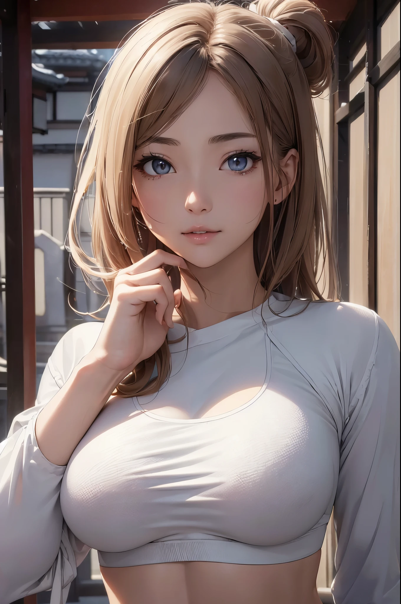 (((masterpiece))),(((High resolution)))、(((8K)))、(((perfect face)))、(((beauty of japan)))、30 years old, (white yoga pants), (black sports bra), look at the camera, ((top quality eyes)), ((detailed texture)), look at the camera