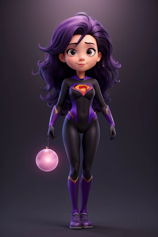 24 year old girl, superheroine in black and purple full bodysuit costume covering legs, black and purple superhero theme, she's a superhero long black hair, small glowing purple orb floating next to her, small purple energy orb next to her, intricate detail, masterpiece, ultr-realistic, 4k resolution, very detailed