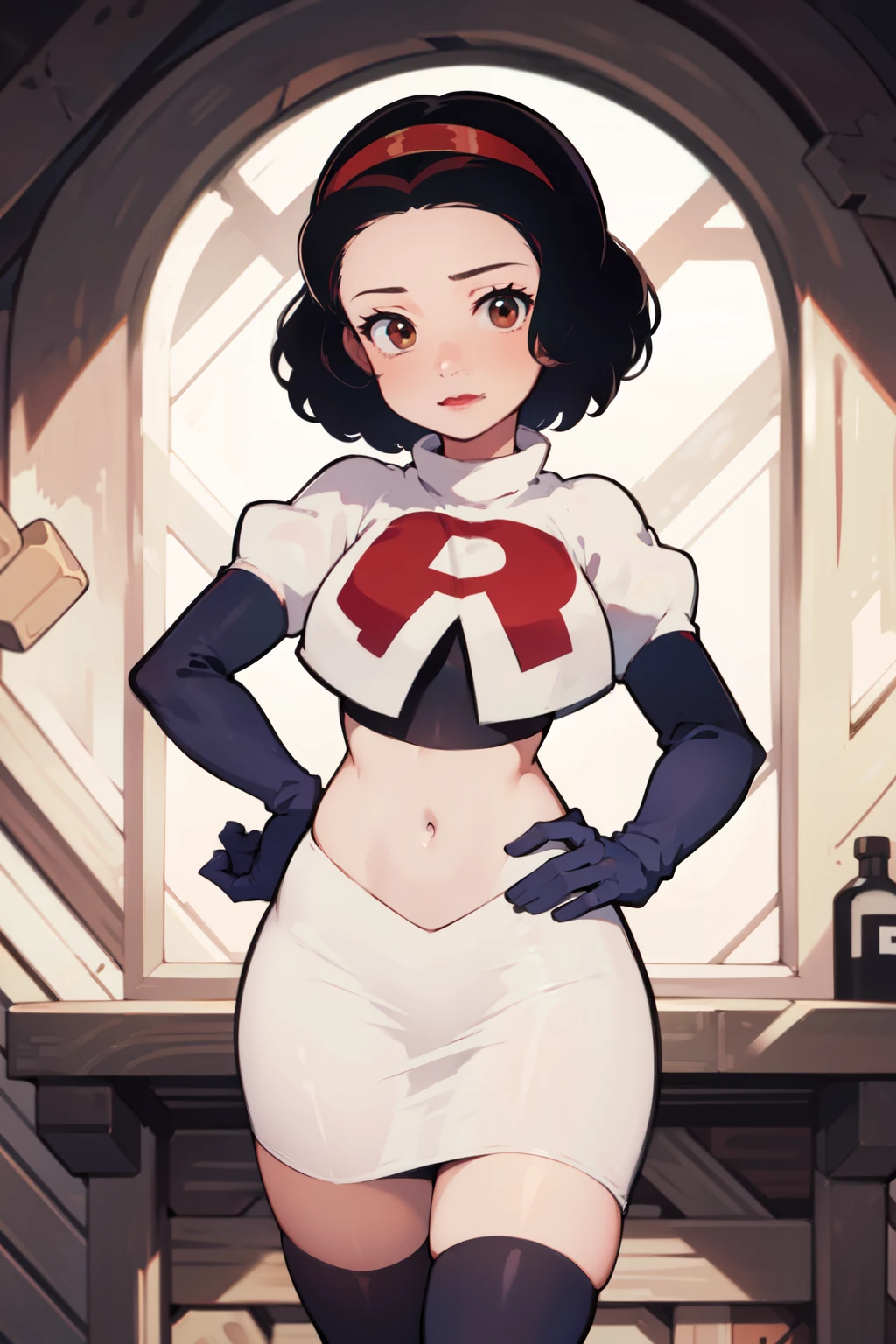 1girl, solo,   SnowWhite, short hair, black hair, smooth hair, brown eyes, lipstick, red lipstick, pale skin, hair bow, hairband, team rocket,team rocket uniform,white skirt,red letter R,crop top,black thigh-highs,black elbow gloves, cowboy shot, looking at viewer,