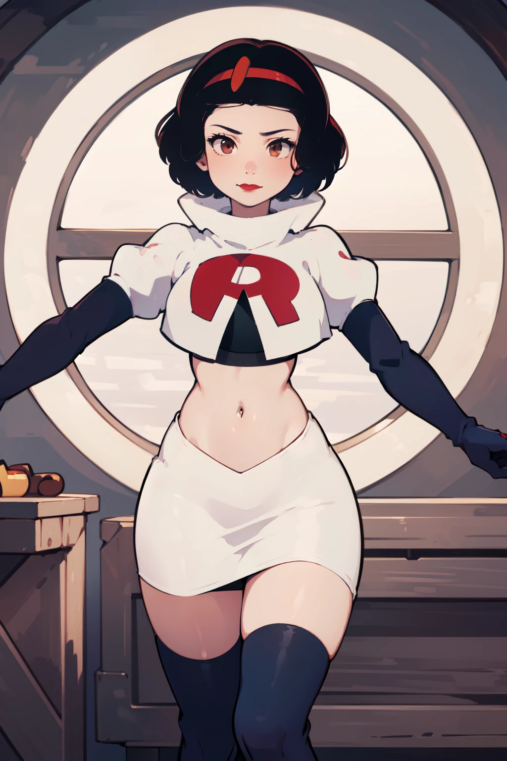 1girl, solo, SnowWhite, short hair, black hair, smooth hair, brown eyes, lipstick, red lipstick, pale skin, hair bow, hairband, team rocket,team rocket uniform,white skirt,red letter R,crop top,black thigh-highs,black elbow gloves, cowboy shot, looking at viewer,