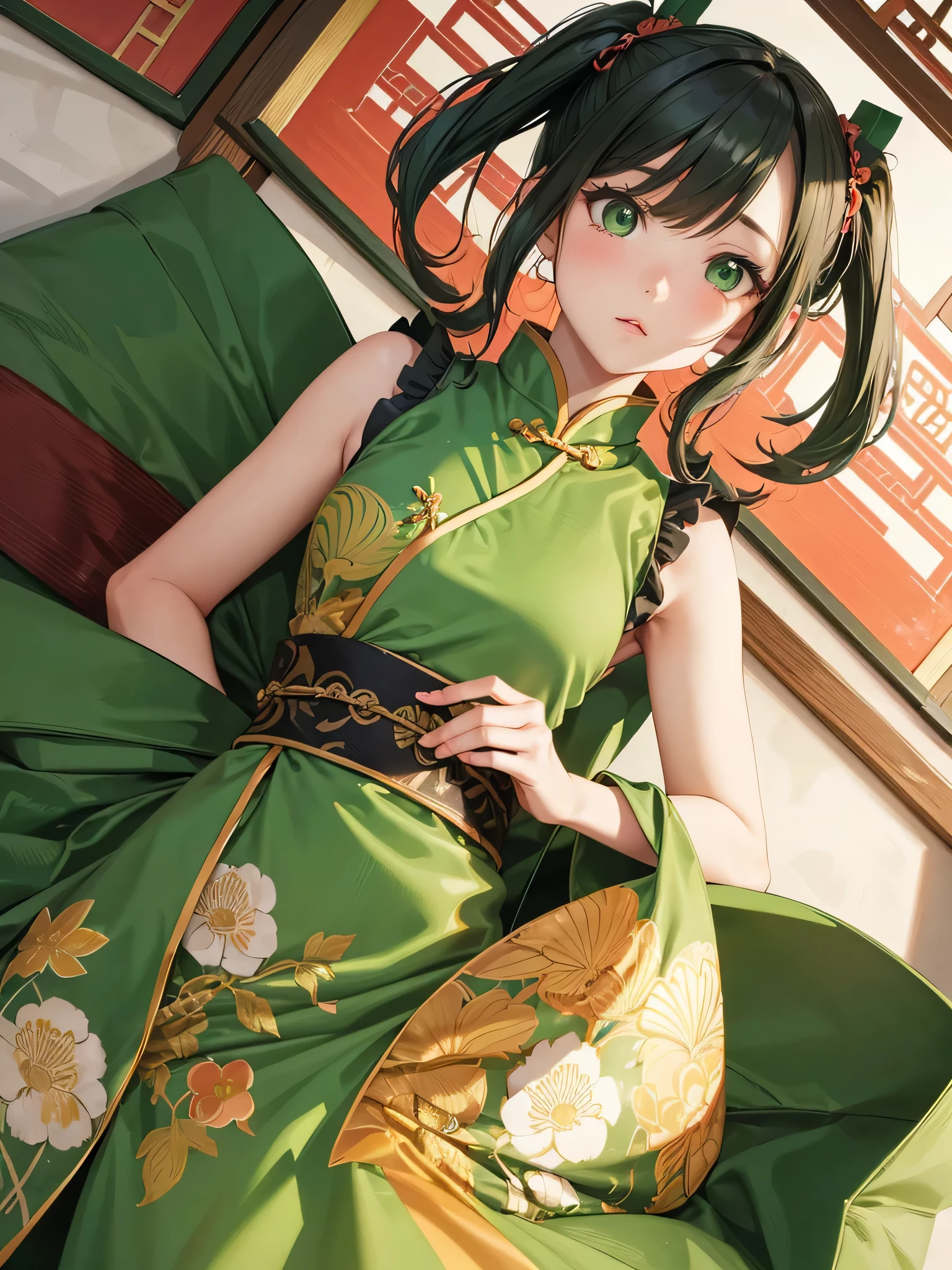 (high quality:1.2),realistic,Japanese zoom,women,looking up,cute,beautiful detailed、 Light green eyes,Chignon Hair,Twin tails,Sleeveless Chinese dress,slender,small breasts,upper body