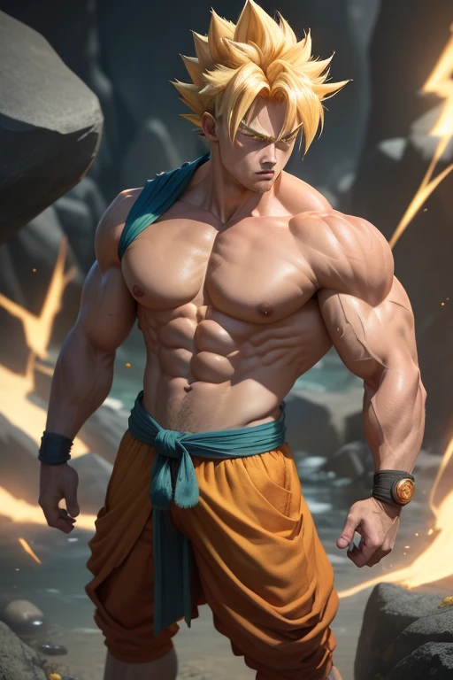 ((best quality)), ((masterpiece)), ((realistic)), (detailed), son goku, 1boy, biceps, blonde hair, green eyes, blue sash, blue wristband, clenched hands, collarbone, dougi, electricity, energy, floating rocks, yellow aura, frown, looking at viewer, full body, male focus, muscular, muscular male, pectorals, rock, sash, scratches, serious, solo, spiked hair, super saiyan, super saiyan 1, topless male, v-shaped eyebrows, wristband, , insanely detailed, detailed background, ((masterpiece)), absurdres, 8k uhd