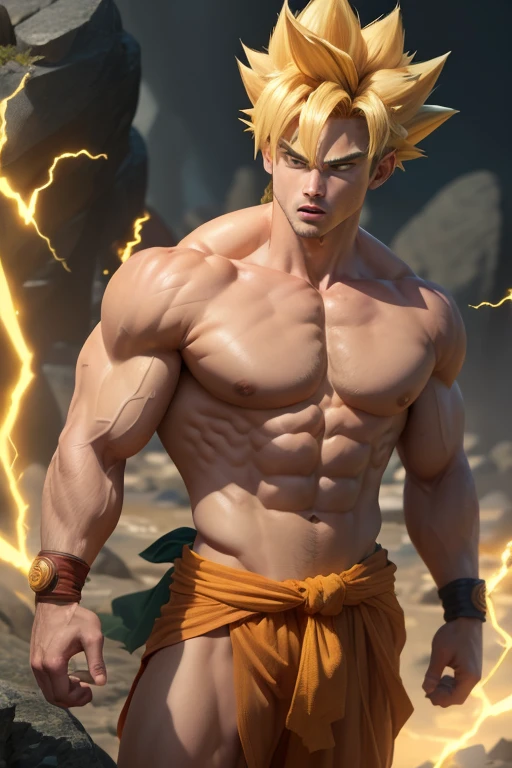 ((best quality)), ((masterpiece)), ((realistic)), (detailed), son goku, 1boy, biceps, blonde hair, green eyes, blue sash, blue wristband, clenched hands, collarbone, dougi, electricity, energy, floating rocks, yellow aura, frown, looking at viewer, full body, male focus, muscular, muscular male, pectorals, rock, sash, scratches, serious, solo, spiked hair, super saiyan, super saiyan 1, topless male, v-shaped eyebrows, wristband, , insanely detailed, detailed background, ((masterpiece)), absurdres, 8k uhd