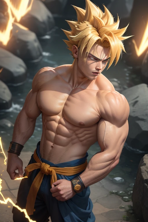 ((best quality)), ((masterpiece)), ((realistic)), (detailed), son goku, 1boy, biceps, blonde hair, green eyes, blue sash, blue wristband, clenched hands, collarbone, dougi, electricity, energy, floating rocks, yellow aura, frown, looking at viewer, full body, male focus, muscular, muscular male, pectorals, rock, sash, scratches, serious, solo, spiked hair, super saiyan, super saiyan 1, topless male, v-shaped eyebrows, wristband, , insanely detailed, detailed background, ((masterpiece)), absurdres, 8k uhd