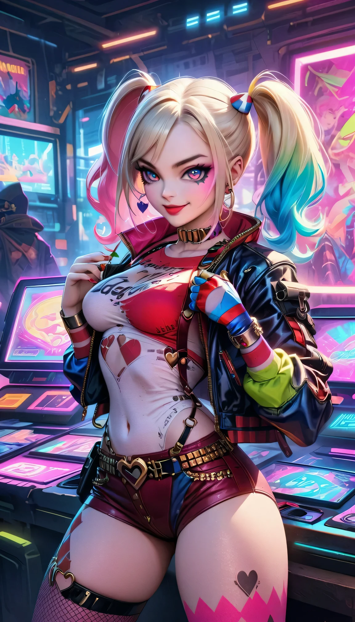 ((top-notch quality)), ((masterwork)), Subject: Cyberpunk Harley Quinn, Action: Smoking cannabis goodness, Artist: Louis Wain, Style: Cyberpunk, Cannabis-inspired, DMT, Artegem, Medium: Digital Rendering, Category: Comic Book Art, Color Palette: Vibrant, Cyberpunk, Cannabis-inspired, DMT, Digital Graphics: Ethereal Patterns, Transcendence, Resolution: High-Res, Positive Prompt: Create a ((top-notch quality)), ((masterwork)), ((true-to-life)) digital rendering that features the iconic character Harley Quinn from DC in a captivating cyberpunk setting. Illustrate her enjoying cannabis goodness while seamlessly incorporating elements of the cyberpunk, cannabis-inspired, DMT, Artegem, and chiaroscuro styles. Employ Louis Wain's artistic vision to construct the environment. Pay meticulous attention to high levels of detail and vibrant colors, infusing the composition with the essence of cyberpunk aesthetics. Include cannabis-inspired and DMT elements to create an ethe, Chiaroscuro, 4K, 4K, 1080P