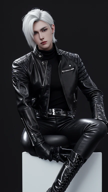 Final Fantasy-style graphics, young, Cute and cool Japanese boys, Thin eyebrows and big eyes, He is wearing a shiny white single-breasted leather jacket...。Biker style leather jacket、 with epaulettes, The jacket is zipped up, The jacket pockets are black., The jacket has a high stand-up collar with a belt, Also wearing a black turtleneck, black leather pants, Thin black leather gloves on both hands, Black leather knee-high lace-up boots, Show me your whole body from head to toe, Final Fantasy Style、((good looking))、((Clear eyes and nose))、((Shiny white single leather jacket))、((The jacket must be white))、((The jacket has epaulettes))、((The jacket has a high stand-up collar and a belt))、((The jacket has a black pocket))、((Black turtleneck shirt))、((光沢のあるblack leather pants))、((Shiny black leather gloves on both hands))、((Black lace-up leather long boots))、((View the whole body image from a distance))、Realistic image quality and texture、In a small cell、close your eyes、A kind smile、((The jacket is closed with a zipper))、((No exposed skin below the neck))、((Round face and slightly small))
