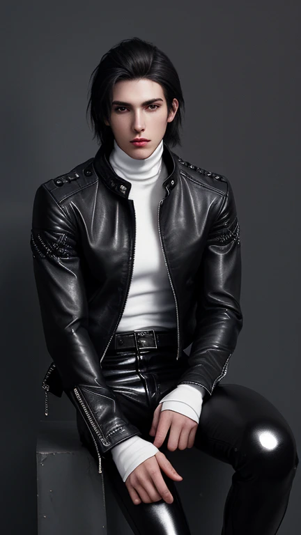 Final Fantasy-style graphics, young, Cute and cool Japanese boys, Thin eyebrows and big eyes, He is wearing a shiny white single-breasted leather jacket...。Biker style leather jacket、 with epaulettes, The jacket is zipped up, The jacket pockets are black., The jacket has a high stand-up collar with a belt, Also wearing a black turtleneck, black leather pants, Thin black leather gloves on both hands, Black leather knee-high lace-up boots, Show me your whole body from head to toe, Final Fantasy Style、((good looking))、((Clear eyes and nose))、((Shiny white single leather jacket))、((The jacket must be white))、((The jacket has epaulettes))、((The jacket has a high stand-up collar and a belt))、((The jacket has a black pocket))、((Black turtleneck shirt))、((光沢のあるblack leather pants))、((Shiny black leather gloves on both hands))、((Black lace-up leather long boots))、((View the whole body image from a distance))、Realistic image quality and texture、In a small cell、close your eyes、A kind smile、((The jacket is closed with a zipper))、((No exposed skin below the neck))、((Round face and slightly small))