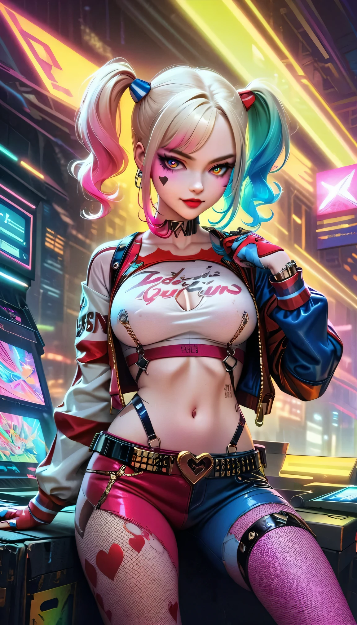 ((top-notch quality)), ((masterwork)), Subject: Cyberpunk Harley Quinn, Action: Smoking cannabis goodness, Artist: Louis Wain, Style: Cyberpunk, Cannabis-inspired, DMT, Artegem, Medium: Digital Rendering, Category: Comic Book Art, Color Palette: Vibrant, Cyberpunk, Cannabis-inspired, DMT, Digital Graphics: Ethereal Patterns, Transcendence, Resolution: High-Res, Positive Prompt: Create a ((top-notch quality)), ((masterwork)), ((true-to-life)) digital rendering that features the iconic character Harley Quinn from DC in a captivating cyberpunk setting. Illustrate her enjoying cannabis goodness while seamlessly incorporating elements of the cyberpunk, cannabis-inspired, DMT, Artegem, and chiaroscuro styles. Employ Louis Wain's artistic vision to construct the environment. Pay meticulous attention to high levels of detail and vibrant colors, infusing the composition with the essence of cyberpunk aesthetics. Include cannabis-inspired and DMT elements to create an ethe, Chiaroscuro, 4K, 4K, 1080P