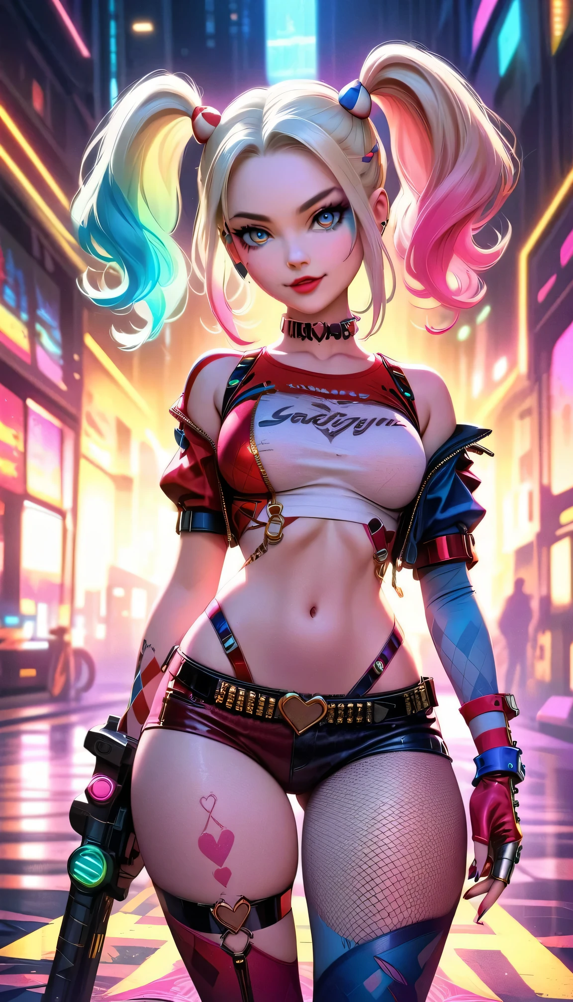 ((top-notch quality)), ((masterwork)), Subject: Cyberpunk Harley Quinn, Action: Smoking cannabis goodness, Artist: Louis Wain, Style: Cyberpunk, Cannabis-inspired, DMT, Artegem, Medium: Digital Rendering, Category: Comic Book Art, Color Palette: Vibrant, Cyberpunk, Cannabis-inspired, DMT, Digital Graphics: Ethereal Patterns, Transcendence, Resolution: High-Res, Positive Prompt: Create a ((top-notch quality)), ((masterwork)), ((true-to-life)) digital rendering that features the iconic character Harley Quinn from DC in a captivating cyberpunk setting. Illustrate her enjoying cannabis goodness while seamlessly incorporating elements of the cyberpunk, cannabis-inspired, DMT, Artegem, and chiaroscuro styles. Employ Louis Wain's artistic vision to construct the environment. Pay meticulous attention to high levels of detail and vibrant colors, infusing the composition with the essence of cyberpunk aesthetics. Include cannabis-inspired and DMT elements to create an ethe, Chiaroscuro, 4K, 4K, 1080P