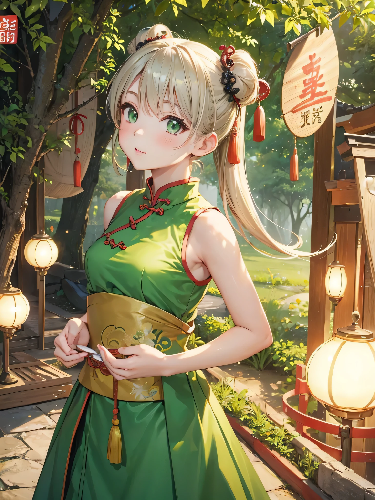 30 years old,1 girl,hyperrealistic, 8k, (extremely detailed 8k), (very delicate and beautiful), (masterpiece), (better quality:1.0), (ultra high resolution:1.0), (masterpiece, best quality), cute,blonde,cleavage cutout,(broen dress:1.3),(crop top navel:1),gleaming skin,twintails,twin bun,a red ribbon on the head,long hair,light green frill Chinese dress,close up of face,delighted,pjnk border,hold a bouquet of flwers,from the front,a bunch of flowers