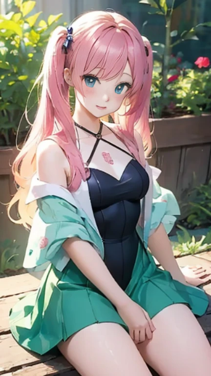 Anime girl with pink hair and a ribbon in her hair, Cute realistic portrait, Gweitz, Magical Girl Portrait, Cute Characters, Cute art style, Anime Moe Art Style, MapleStory character art, cute portrait, Cute Anime Girl Portrait, Small person portrait, artwork in the style of Gweitz, Splash Art Anime ,leotard.long hair、Twin tails、green、Rose print skirt