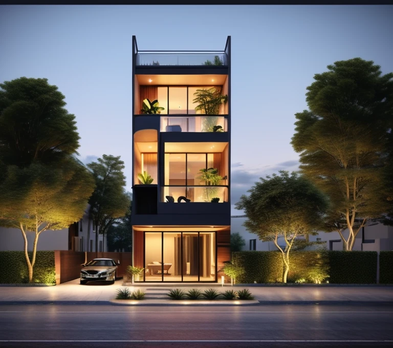 Exterior, morden town house, curve House, 1 road in front of the house, blue sky, dynamic light, best quality, wonder ful, masterpiece