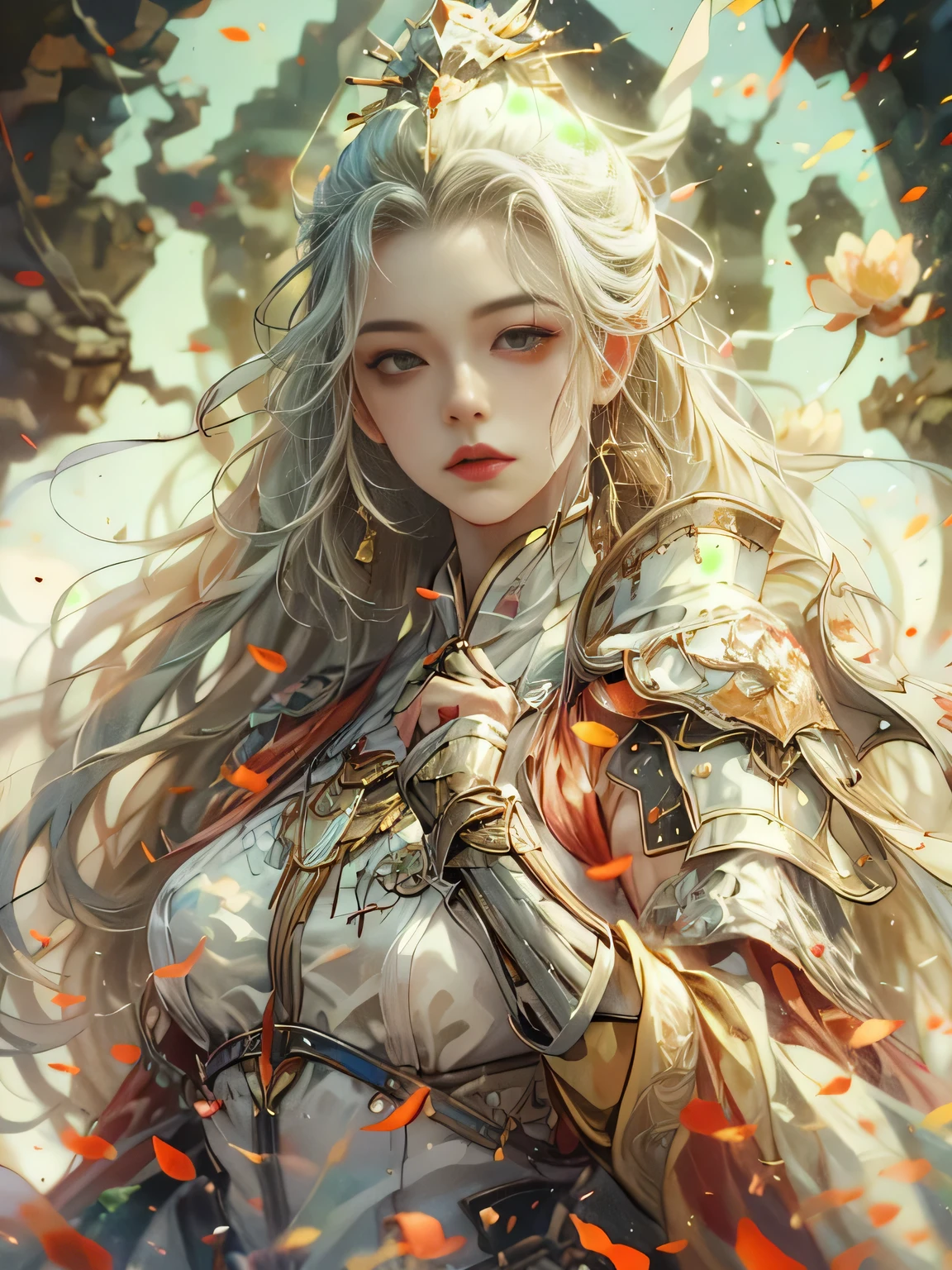 (8k, highest quality, masterpiece)，(Realistic, RAW Photos, Super Fine Clear), Realistic Light, Detailed skin, (1 beautiful girl with a slim body, Age 25, knight:1.5), Thin legs, fine grain, Long white hair, Detailed fingers, thin, Sexual, Ecstasy Facial Expressions, Super big , A firm bust that swings wildly, The chest of the armor is wide open, Exposing breasts, (Crimson armor), (peach, peach garden, Flower Storm), Lakeside palace