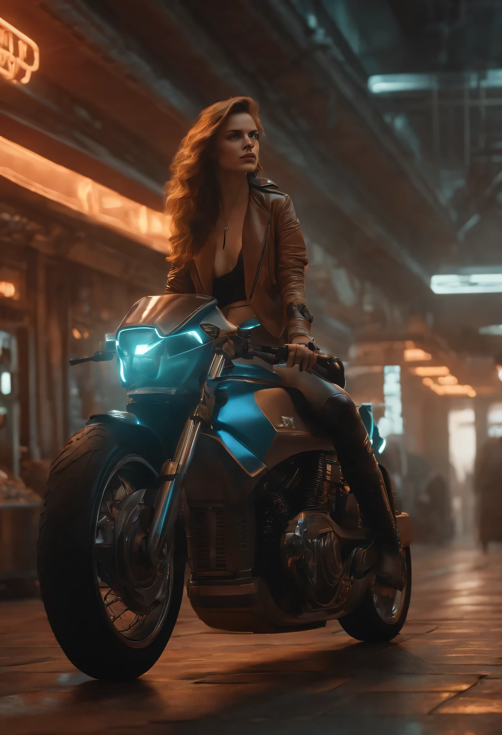 there is a woman riding a horse in a store, total recall style, as a retrofuturistic heroine, cyberpunk 2 0 y. o model girl, riding a futuristic motorcycle, sitting on cyberpunk motorbike, cyberpunk art ultrarealistic 8k, as a retro futuristic heroine, soviet style cyberpunk, cyberpunk style ， hyperrealistic, cyborg merchant girl, 9 0 s cgi
