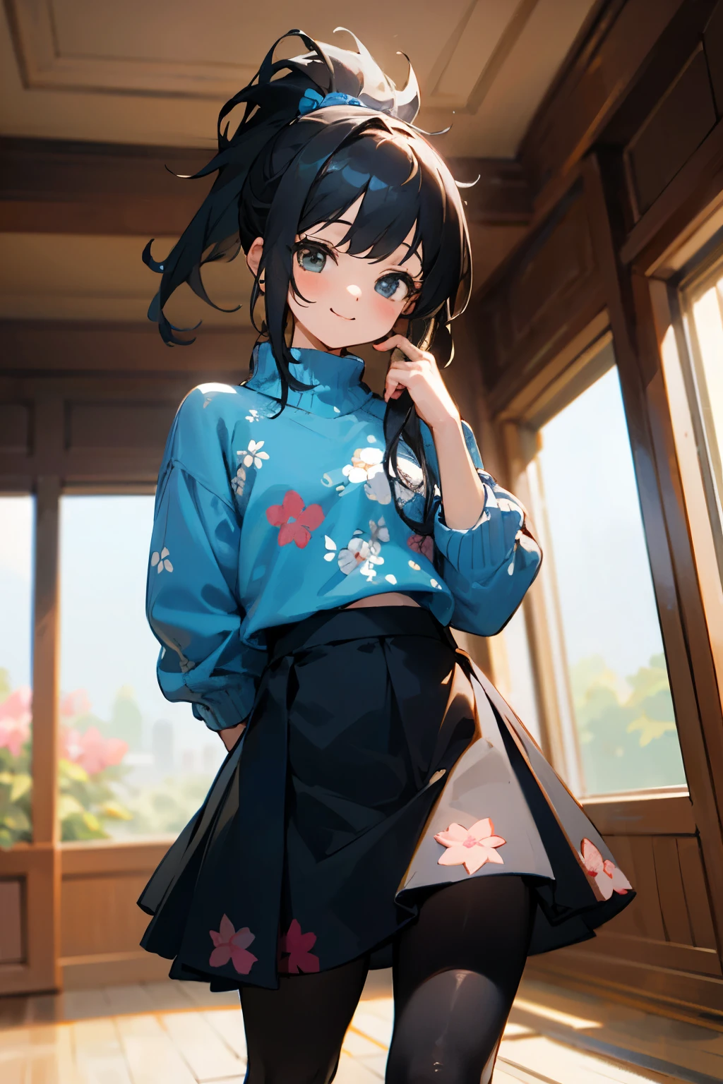 In the best quality、age girl standing in a room。In high resolution、Beautiful details、Quiet atmosphere。Black hair ponytail、Cute Smile.。Cute floral blue sweater、Black tights、Wearing a cute floral blue skirt。