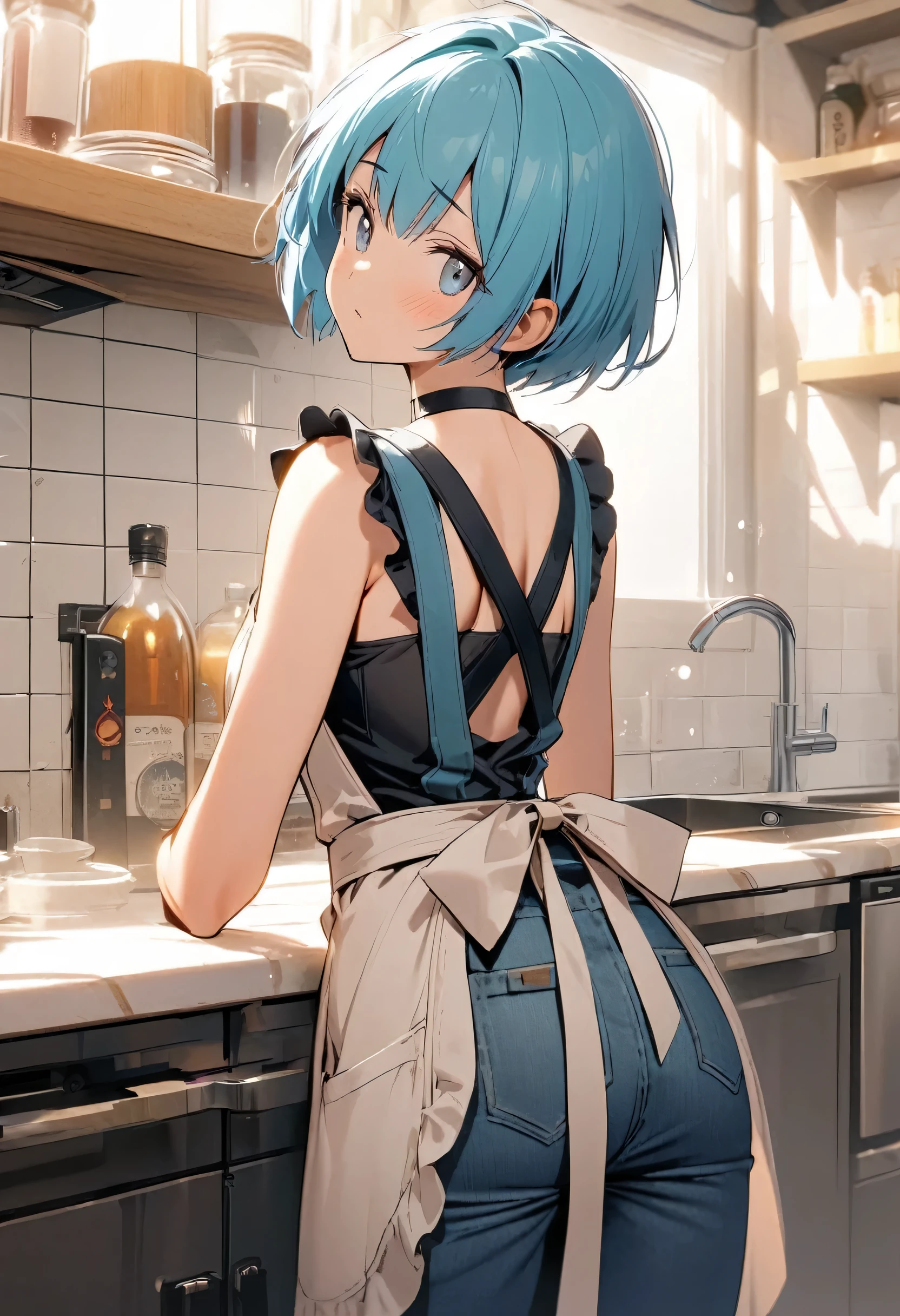 (Highest qualityのイラスト:1.2), (pretty girl:1.1), (1 girl、、Highest qualityのイラスト:1.2), (1 girl、smile、Beautiful breasts、Very detailedな目:1.2)、Bright blue hair、Short Bob Hair、(Highest quality、Very detailed、Very detailed and beautiful、Ultra-high resolution) 、Stylish cafe、waitress、Cute outfits with frillaid Style、Coordination of white and light blue、from behind, ((hip focus))