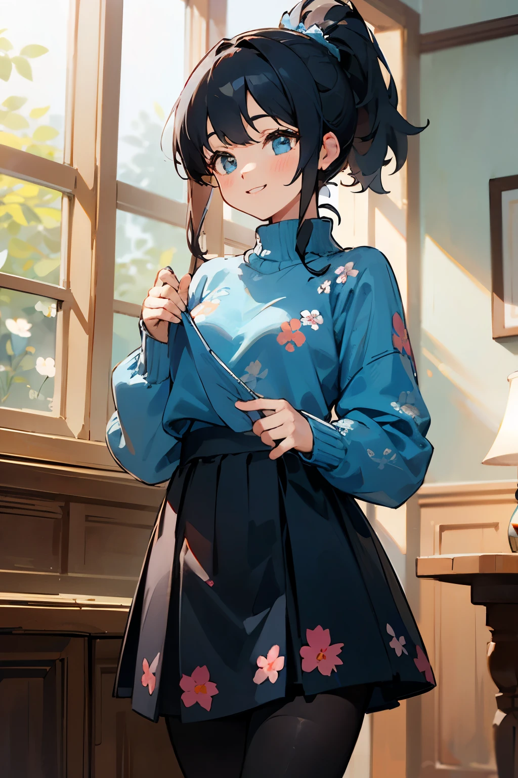 In the best quality、 girl standing in a room。In high resolution、Beautiful details、Quiet atmosphere。Black hair ponytail、Cute Smile.。Cute floral blue sweater、Black tights、Wearing a cute floral blue skirt。
