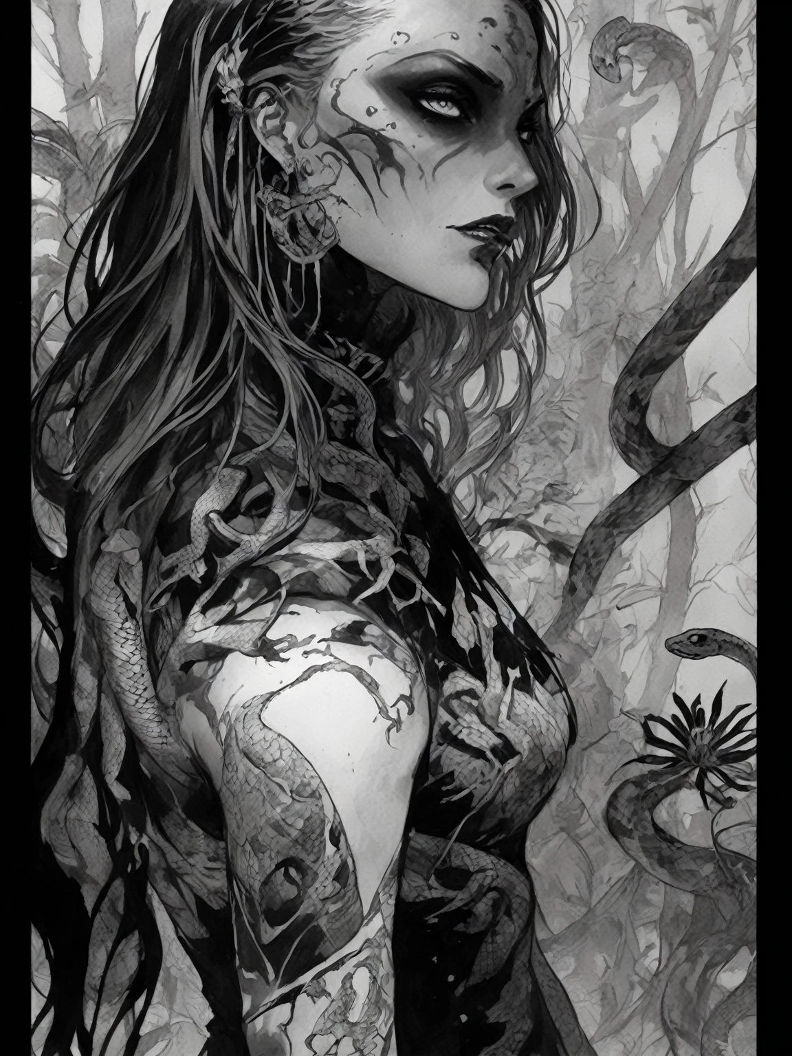 Medusa, splash page decompressed comic cover art, ink style figure,((expressive Joelle Jones and "Sean Gordon Murphy" comic drawing)), wordless, cinematic poster, double exposure, optical illusion, image within image, abyss void black no visibility darkness, full length portrait, (background, pine barrens, entropy, rewilding, magic hour sunset, galaxy stars, cosmos), (horror, abstract, surreal, body, cosmic), candid, snake skin dress, body anatomy drawn Frederic Delavier musculature anatomical illustration, (face, ornate black metal corpse paint, resembles Grace Jones), (body, Naga, snakefolk, lower body snake tail, snake woman hybrid, bald, hairless, skeleton, snake skin tattoos, piercing eyes, snake pupils, over the shoulder), (colors, bleak muted deep fiery radiant glowing ROYGBIV, forest green, earth brown), craftsmanship nuance, (Gerardo Zaffino charcoal), subliminal orchids, nyctophobia, silhouette