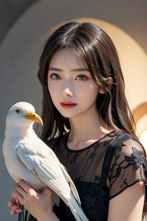 Beautiful woman with red eyes posing for elegant photo with white giant bird, arpino,Gray Hair,Face to face, Ultra-realistic, Clear images,（（Giant white bird on background））,