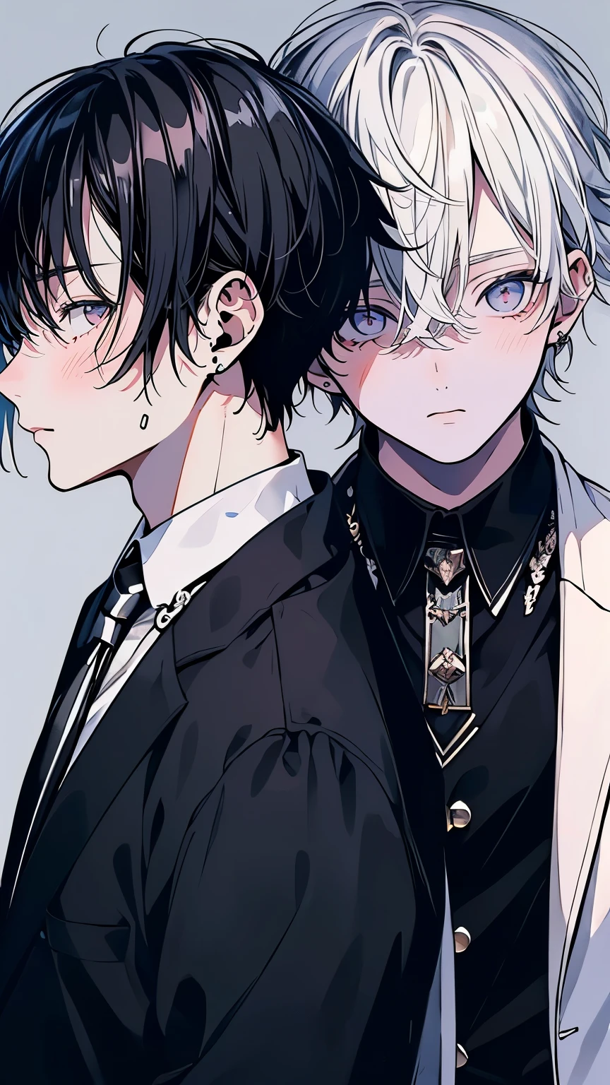 (Mastepiece), (Best Quality), Very detailed, ((Two friendly men)), Perfect Face, Beautiful Face, Very detailed顔,(Black Haired Man:1.3),(Man with white hair:1.3),suit,shirt