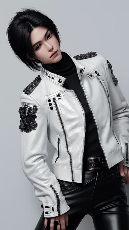Final Fantasy-style graphics, young, Cute and cool Japanese boys, Thin eyebrows and big eyes, He is wearing a shiny white single-breasted leather jacket...。Biker style leather jacket、 with epaulettes, The jacket is zipped up, The jacket pockets are black., The jacket has a high stand-up collar with a belt, Also wearing a black turtleneck, black leather pants, Thin black leather gloves on both hands, Black leather knee-high lace-up boots, Show me your whole body from head to toe, Final Fantasy Style、((good looking))、((Clear eyes and nose))、((Shiny white single leather jacket))、((The jacket must be white))、((The jacket has epaulettes))、((The jacket has a high stand-up collar and a belt))、((The jacket has a black pocket))、((Black turtleneck shirt))、((光沢のあるblack leather pants))、((Shiny black leather gloves on both hands))、((Black lace-up leather long boots))、((View the whole body image from a distance))、Realistic image quality and texture、In a small cell、close your eyes、A kind smile、((The jacket is closed with a zipper))、((No exposed skin below the neck))、((Round face and slightly small))