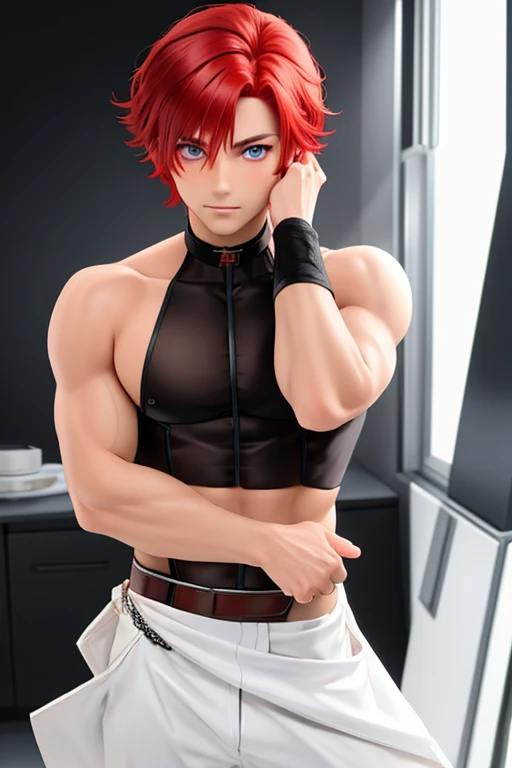 Genshin impact diluc, solo, nsfw, not safe for work, rated, smut, playing with him self, hard dick with precum, messy red hair, red pubic hair, unbutton shirt, messy shirt, despreate look, pixiv