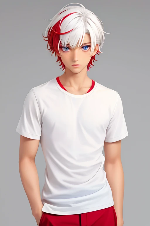 Male, tan skin, heterochromia red/white eyes, short perfect half red hair/half white hair split down middle, perfect, single, solo, 1 boy,