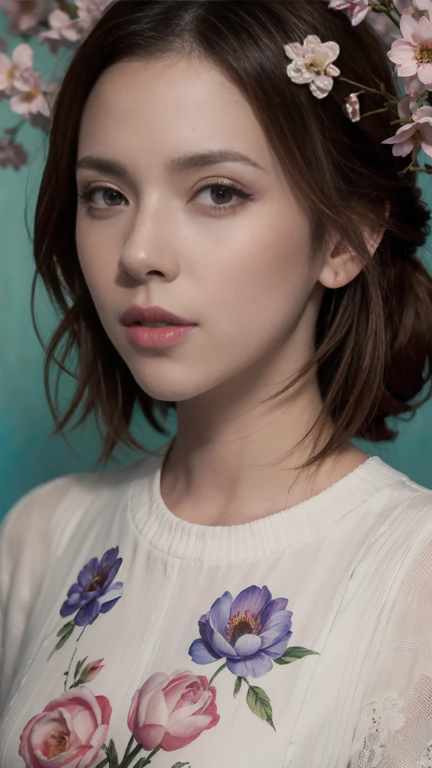 Scarlett Johansson stars in Marco Mazzoni-esque botanical masterpiece, detailed, Surreal, Front view, Elements of symbolism and surrealism, Painting by MSE、A charming and seductive Scarlett Johansson by Agnes Cecile, Bright design, pastel colours, Drops of ink, spring lights, Intricate Design, Focus on your audience intertwined, Beautiful, attractive and seductive Scarlett Johansson, Flowers, pastel, Focus on your audience, Front view