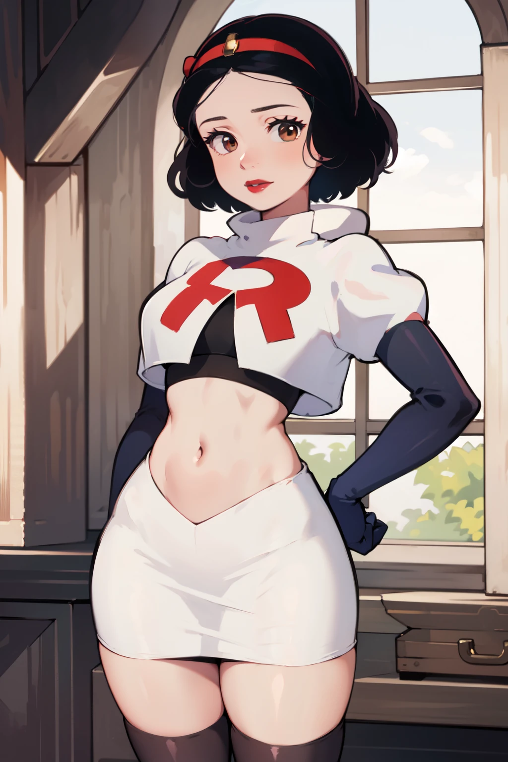 1girl, solo, SnowWhite, short hair, black hair, smooth hair, brown eyes, lipstick, red lipstick, pale skin, hair bow, hairband, team rocket,team rocket uniform,white skirt,red letter R,crop top,black thigh-highs,black elbow gloves, cowboy shot, looking at viewer,