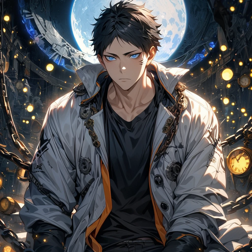 absurdres, highres, ultra detailed, HDR, master piece, best quality, extremely detailed face and eyes, perfect face, Akaashi Keiji, expressive dark blue eyes, black hair, Haikyuu, solo, sexy man, handsome, white coat, black tight shirt, clock mechanical moon, fantasy, chains, fireflies