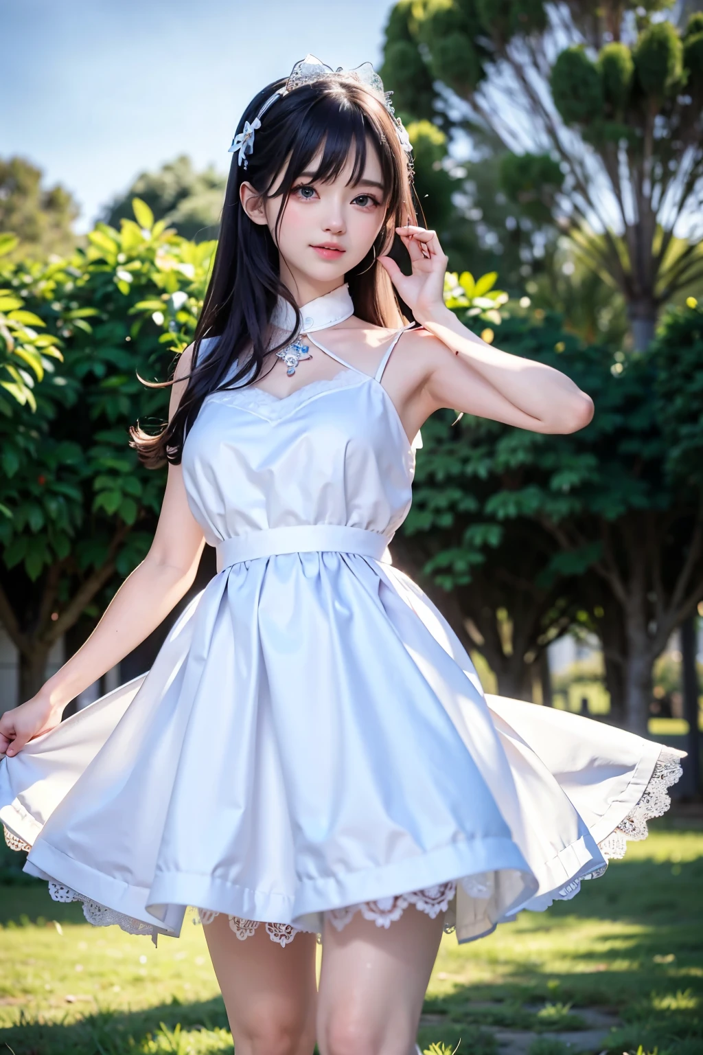 very cute and beautiful girl,White ruffled sundress with fine lace,(Very exquisite beautiful face and eyes:1.2),smile
ひまわり畑の真ん中に立つ,Beautiful summer sky,
Mid Shot,(smile),Black Hair,Dynamic pose,Leg details,
(highest quality,masterpiece:1.2),Absurd,High resolution,Very detailedな,Very detailed,32k,8k resolution,
Intricate details,Movie Scenes,Detailed Background,alone,Dynamic Angle,
alone,Hair blowing in the wind,Big Breasts、thin waist、Perfect proportions