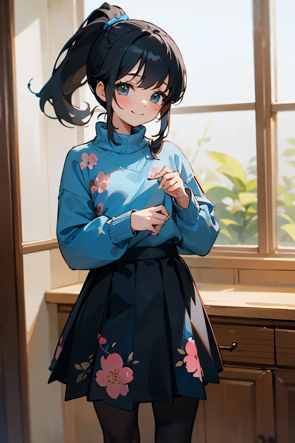 In the best quality、age girl standing in a room。In high resolution、Beautiful details、Quiet atmosphere。Black hair ponytail、Cute Smile.。Cute floral blue sweater、Black tights、Wearing a cute floral blue skirt。