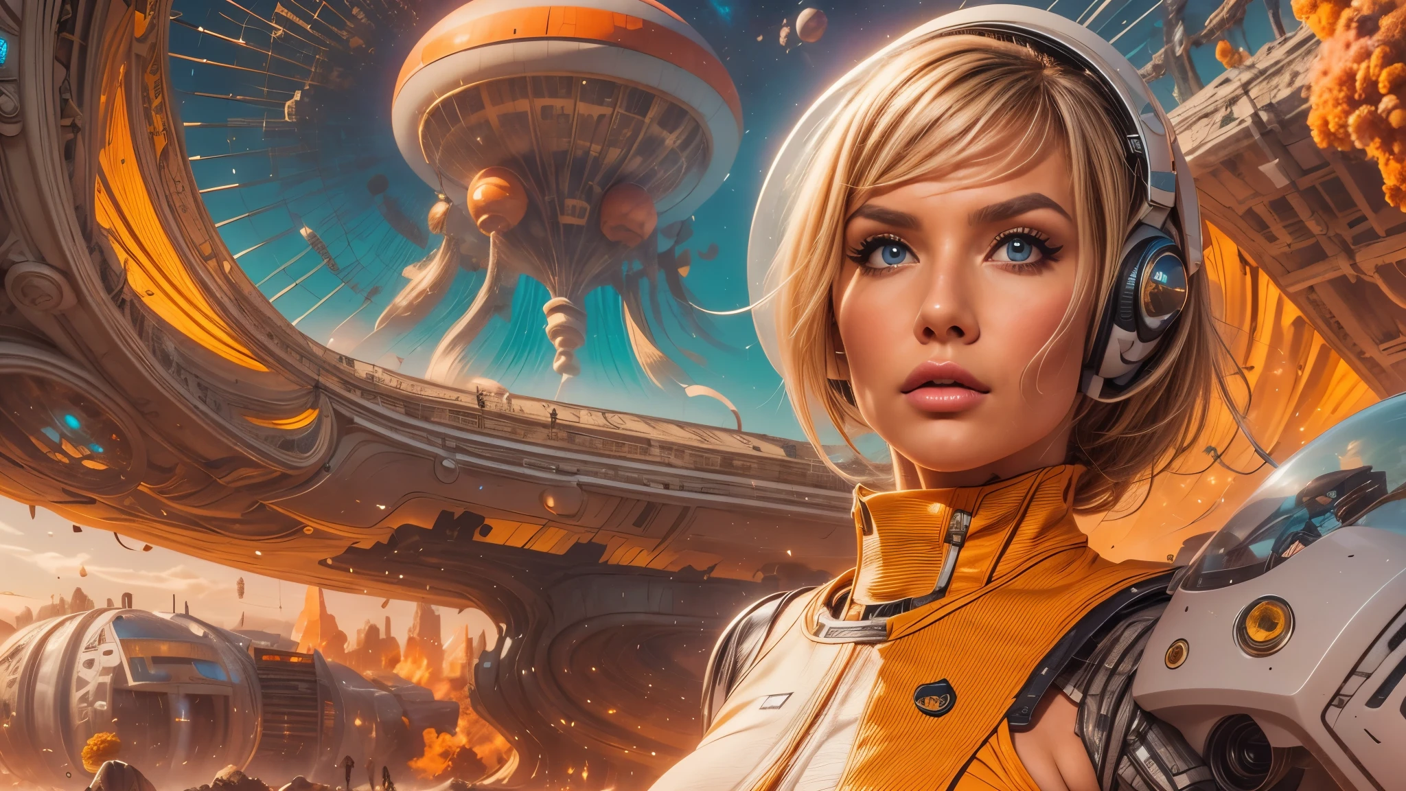 arafed image of a white woman in a futuristic suit with a spaceship in the background, movie art, in front of an orange background, inspired by Robert McGinnis, female protagonist, megastructure in the background, portrait of an ai astronaut, astronauts, an astronaut, portrait of a astronaut skeletor, perfect android girl, detailed eyes, perfectly detailed teeth, frank franzzeta and sakimichan  