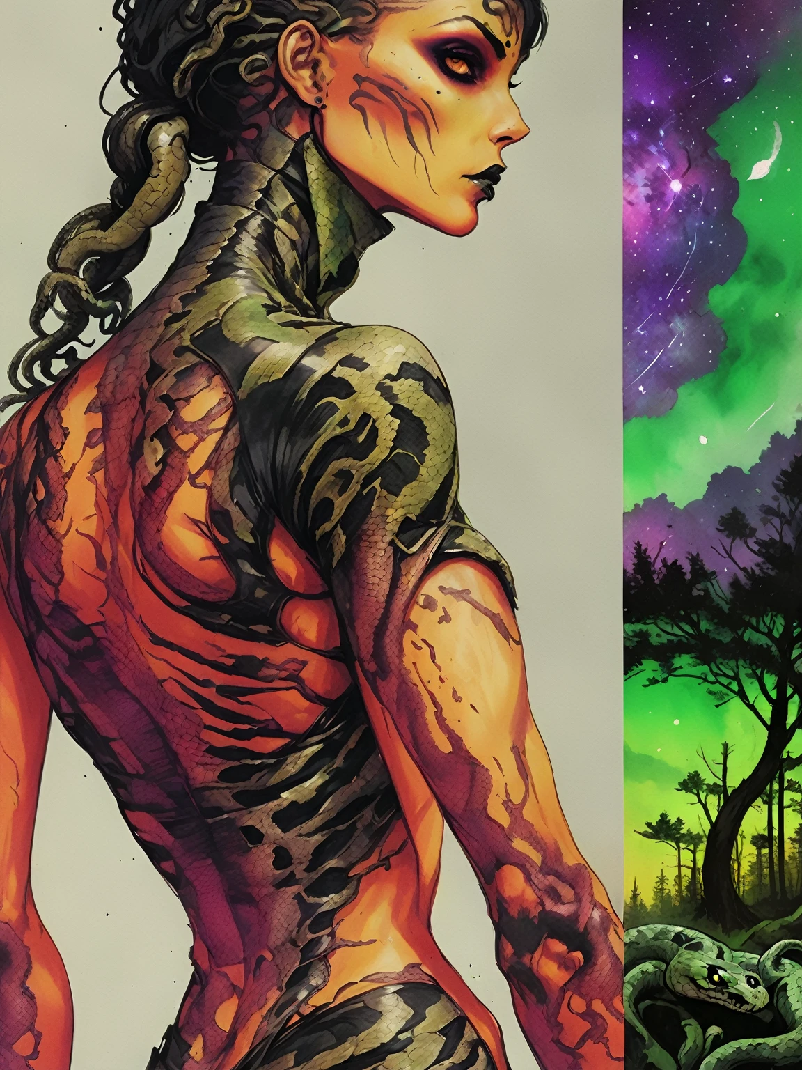 Medusa, splash page decompressed comic cover art, ink style figure,((expressive Joelle Jones and "Sean Gordon Murphy" comic drawing)), wordless, cinematic poster, double exposure, optical illusion, image within image, abyss void black no visibility darkness, full length portrait, (background, pine barrens, entropy, rewilding, magic hour sunset, galaxy stars, cosmos), (horror, abstract, surreal, body, cosmic), candid, snake skin dress, body anatomy drawn Frederic Delavier musculature anatomical illustration, (face, ornate black metal corpse paint, resembles Grace Jones), (body, Naga, snakefolk, lower body snake tail, snake woman hybrid, bald, hairless, skeleton, snake skin tattoos, piercing eyes, snake pupils, over the shoulder), (colors, bleak muted deep fiery radiant glowing ROYGBIV, forest green, earth brown), craftsmanship nuance, (Gerardo Zaffino charcoal), subliminal orchids, nyctophobia, silhouette