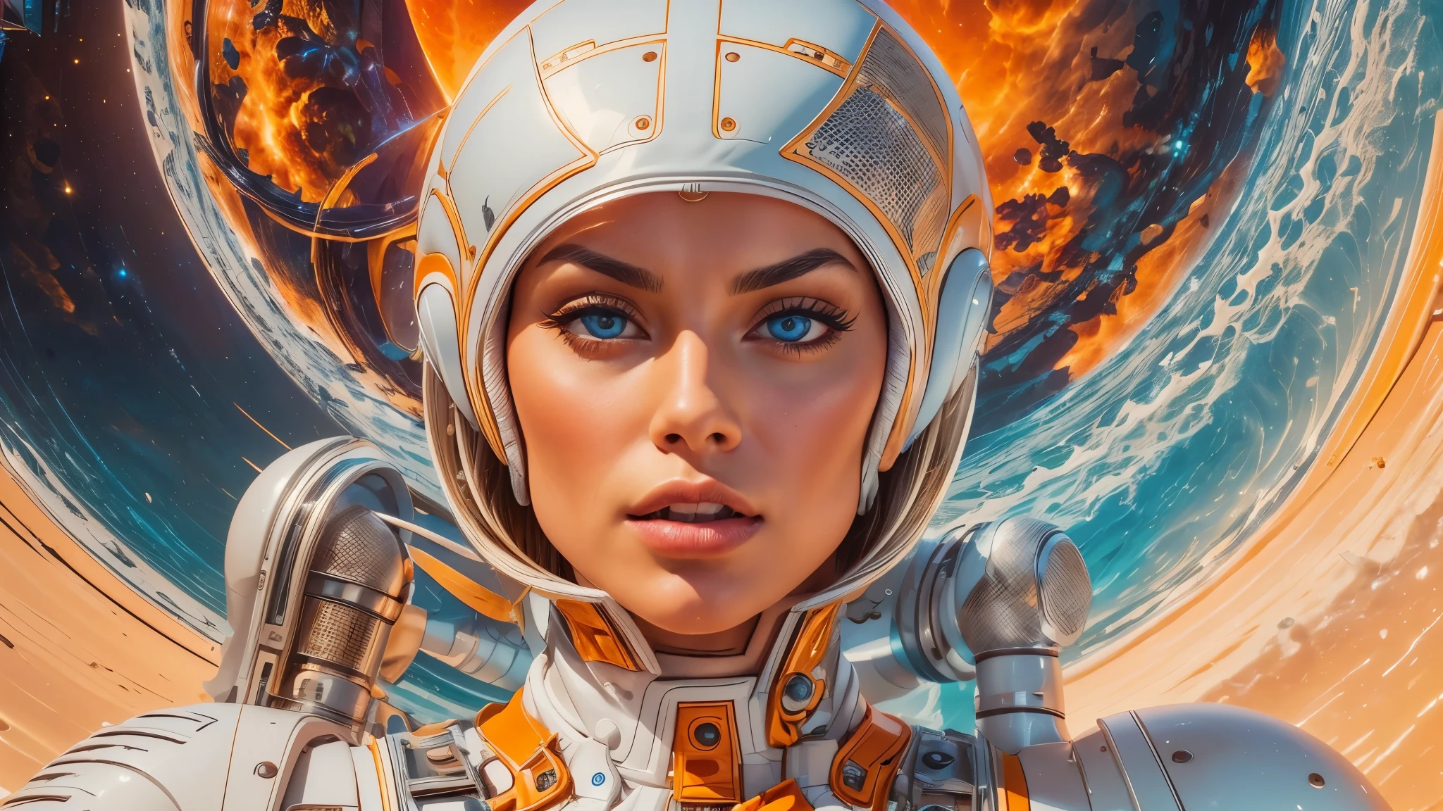 arafed image of a white woman in a futuristic suit with a spaceship in the background, movie art, in front of an orange background, inspired by Robert McGinnis, female protagonist, megastructure in the background, portrait of an ai astronaut, astronauts, an astronaut, portrait of a astronaut skeletor, perfect android girl, detailed eyes, perfectly detailed teeth, frank franzzeta and sakimichan  