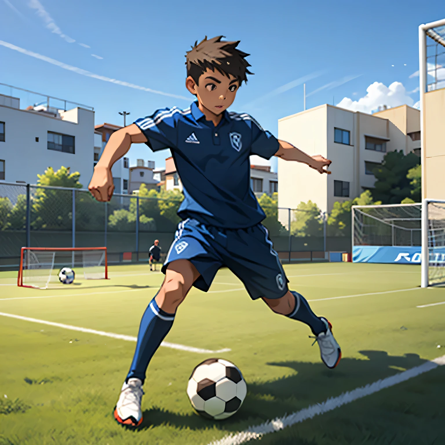 A boy is playing soccer，soccer court
