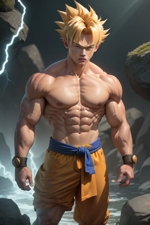((best quality)), ((masterpiece)), ((realistic)), (detailed), son goku, 1boy, biceps, blonde hair, green eyes, blue sash, blue wristband, clenched hands, collarbone, dougi, electricity, energy, floating rocks, yellow aura, frown, looking at viewer, full body, male focus, muscular, muscular male, pectorals, rock, sash, scratches, serious, solo, spiked hair, super saiyan, super saiyan 1, topless male, v-shaped eyebrows, wristband, , insanely detailed, detailed background, ((masterpiece)), absurdres, 8k uhd