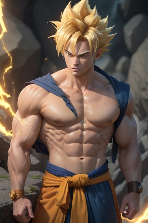 ((best quality)), ((masterpiece)), ((realistic)), (detailed), son goku, 1boy, biceps, blonde hair, green eyes, blue sash, blue wristband, clenched hands, collarbone, dougi, electricity, energy, floating rocks, yellow aura, frown, looking at viewer, full body, male focus, muscular, muscular male, pectorals, rock, sash, scratches, serious, solo, spiked hair, super saiyan, super saiyan 1, topless male, v-shaped eyebrows, wristband, , insanely detailed, detailed background, ((masterpiece)), absurdres, 8k uhd