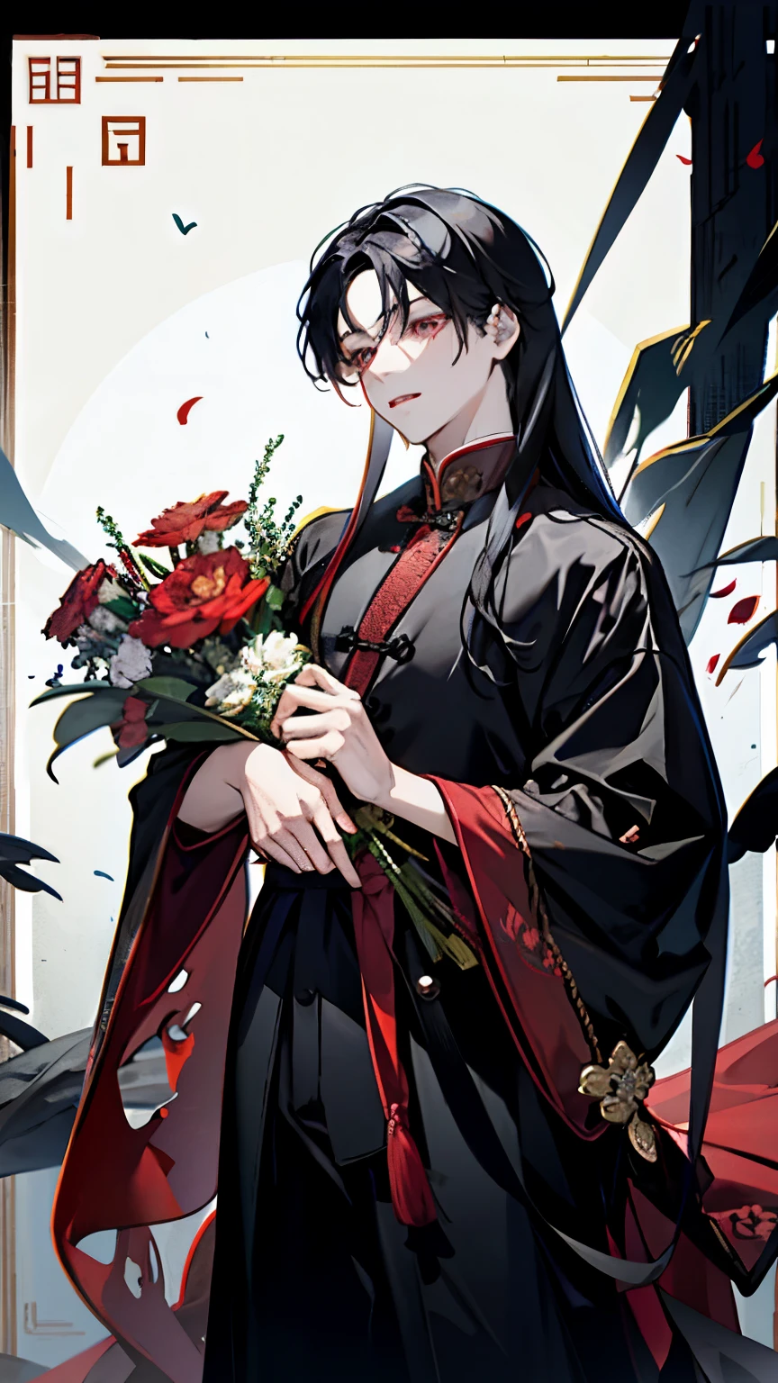 Yiling Patriarch,boy around 18 years old,Black and red long-sleeved robe,Black Hair,Long Straight Hair